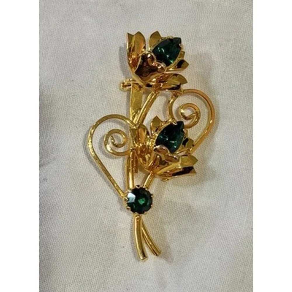 VINTAGE ESTATE, Lovely Green Rhinestone Flower Brooch Pin (k)
